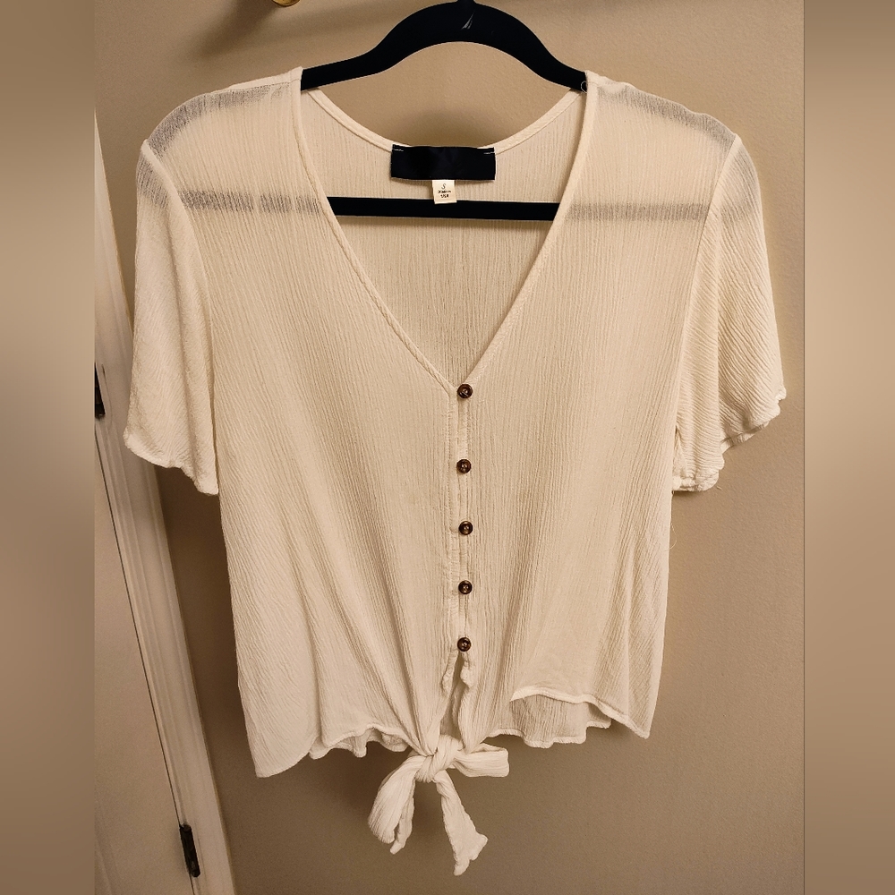 Blue Rain small white button down front tie short sleeve blouse